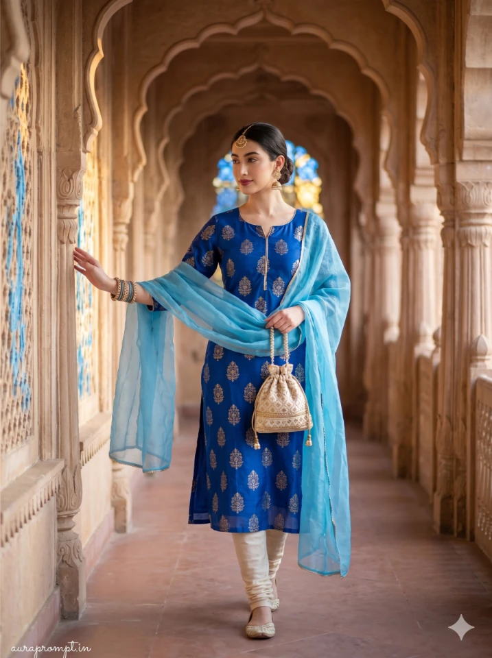 A cinematic gemini ai girl in kurti prompt showing an Indian girl in elegant ethnic wear with soft natural lighting and editorial styling.
