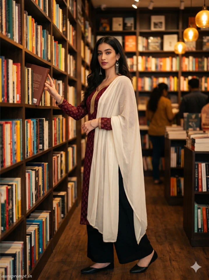 A cinematic gemini ai girl in kurti prompt showing an Indian girl in elegant ethnic wear with soft natural lighting and editorial styling.