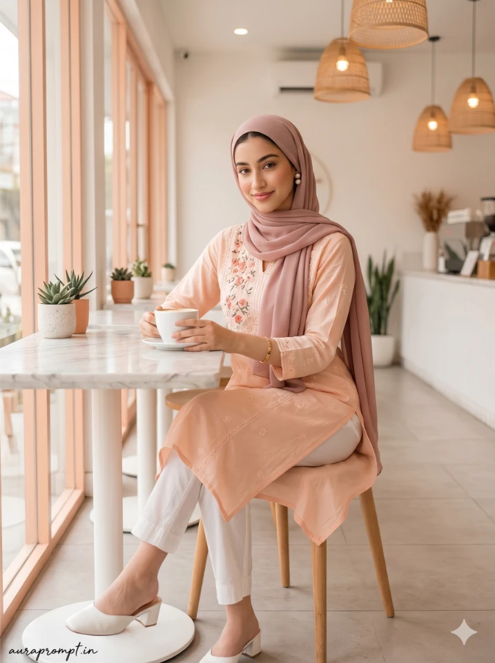 A cinematic gemini ai girl in kurti prompt showing an Indian girl in elegant ethnic wear with soft natural lighting and editorial styling.