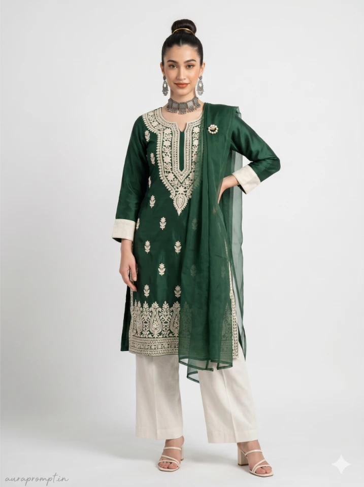 A cinematic gemini ai girl in kurti prompt showing an Indian girl in elegant ethnic wear with soft natural lighting and editorial styling.