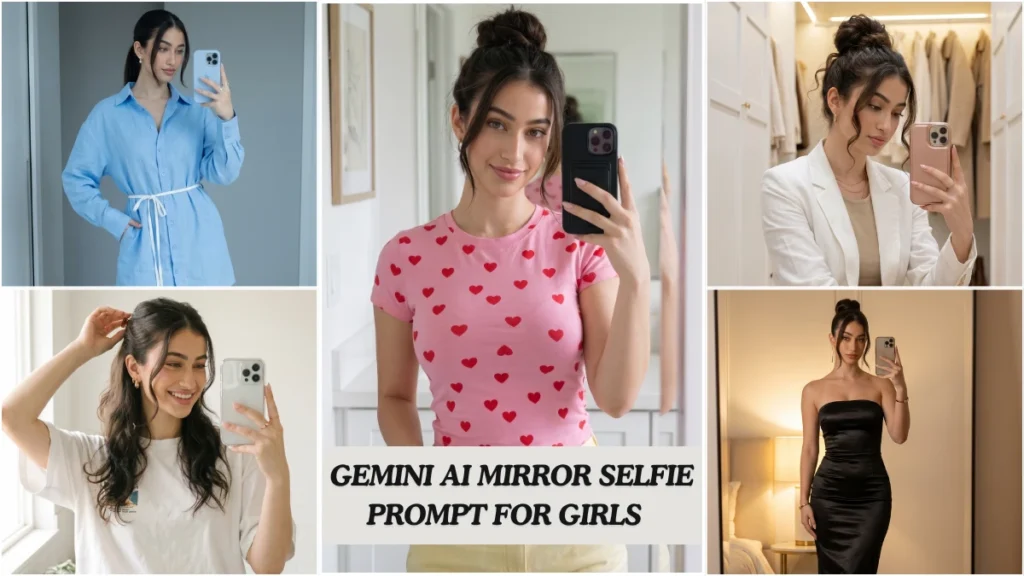 A cinematic gemini ai mirror selfie prompt showing an Indian girl in a summer outfit with soft warm lighting and realistic reflection