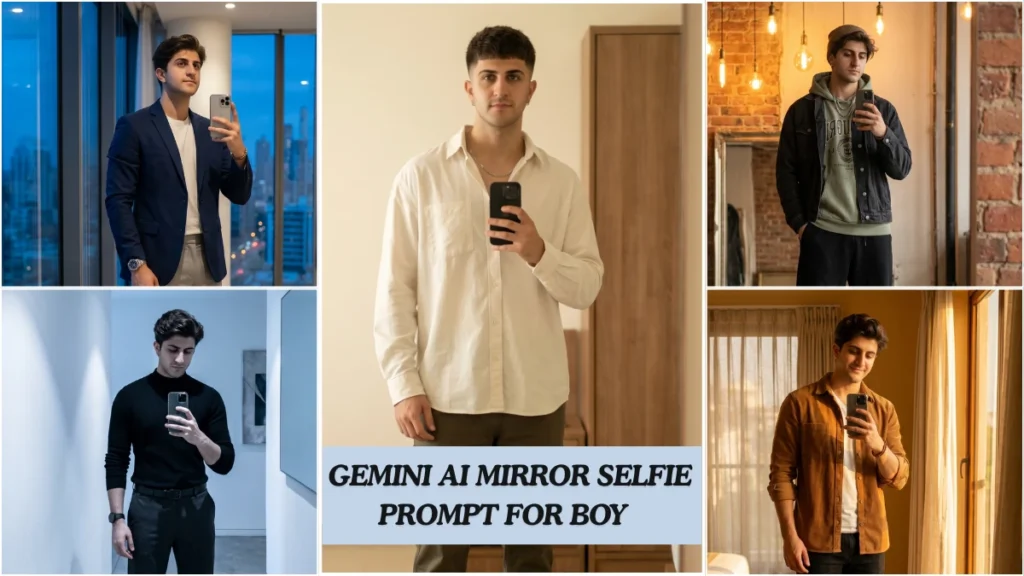 A young Indian boy taking a cinematic mirror selfie generated using a gemini ai mirror selfie prompt with studio lighting and editorial styling.