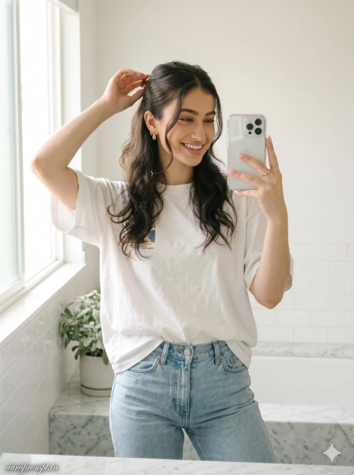 A cinematic gemini ai mirror selfie prompt showing an Indian girl in a summer outfit with soft warm lighting and realistic reflection