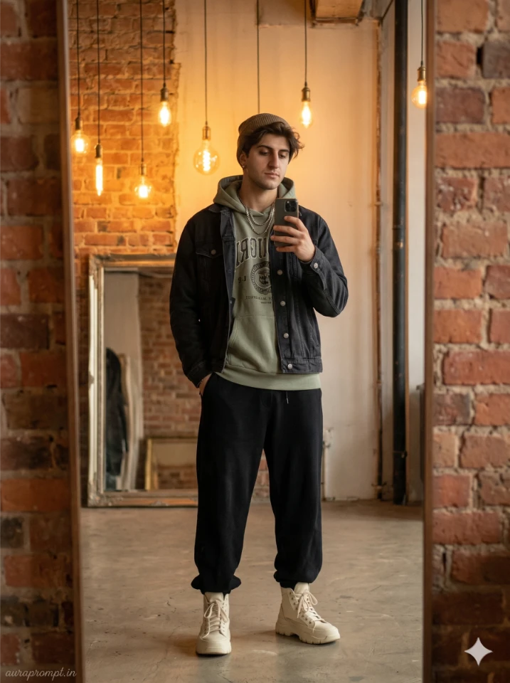 A young Indian boy taking a cinematic mirror selfie generated using a gemini ai mirror selfie prompt with studio lighting and editorial styling.