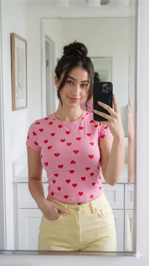 A cinematic gemini ai mirror selfie prompt showing an Indian girl in a summer outfit with soft warm lighting and realistic reflection