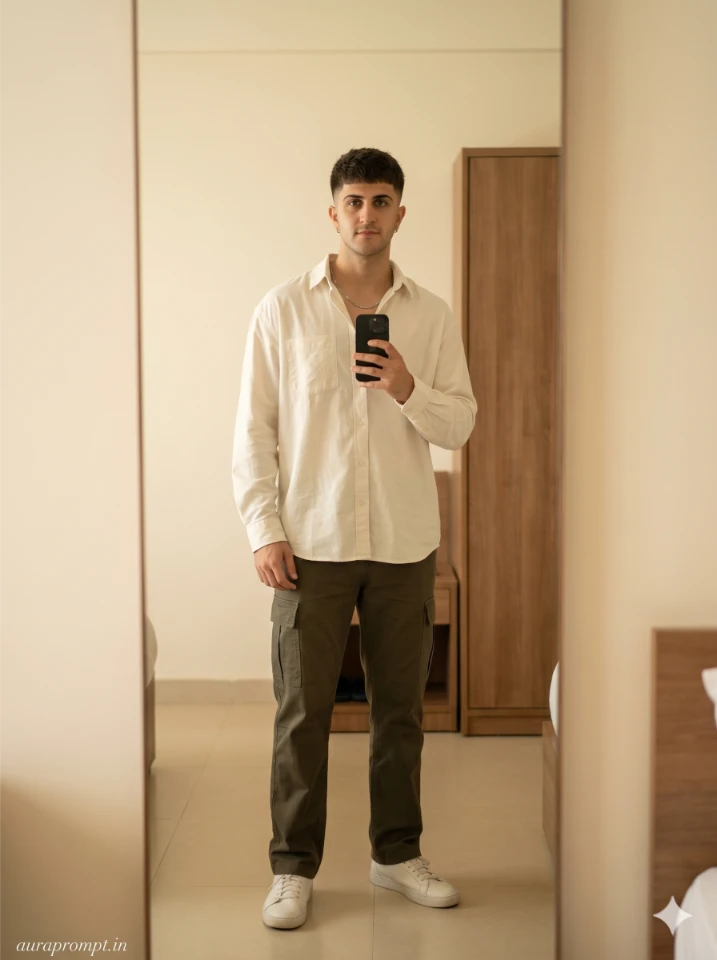 A young Indian boy taking a cinematic mirror selfie generated using a gemini ai mirror selfie prompt with studio lighting and editorial styling.