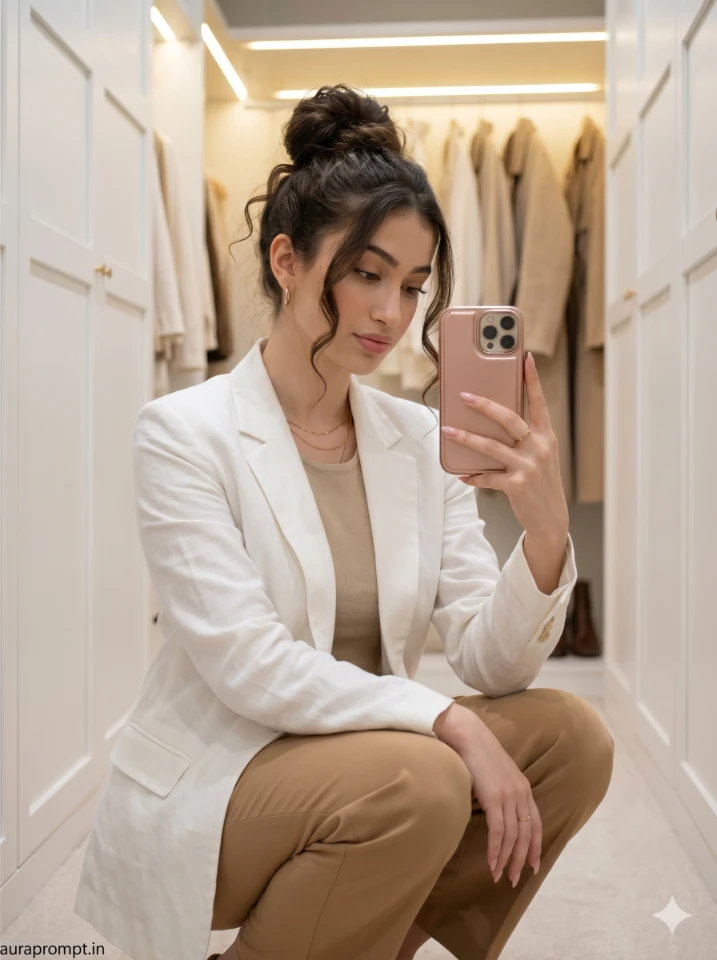 A cinematic gemini ai mirror selfie prompt showing an Indian girl in a summer outfit with soft warm lighting and realistic reflection