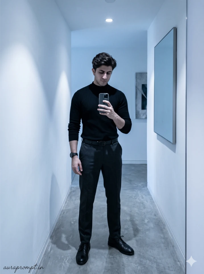 A young Indian boy taking a cinematic mirror selfie generated using a gemini ai mirror selfie prompt with studio lighting and editorial styling.