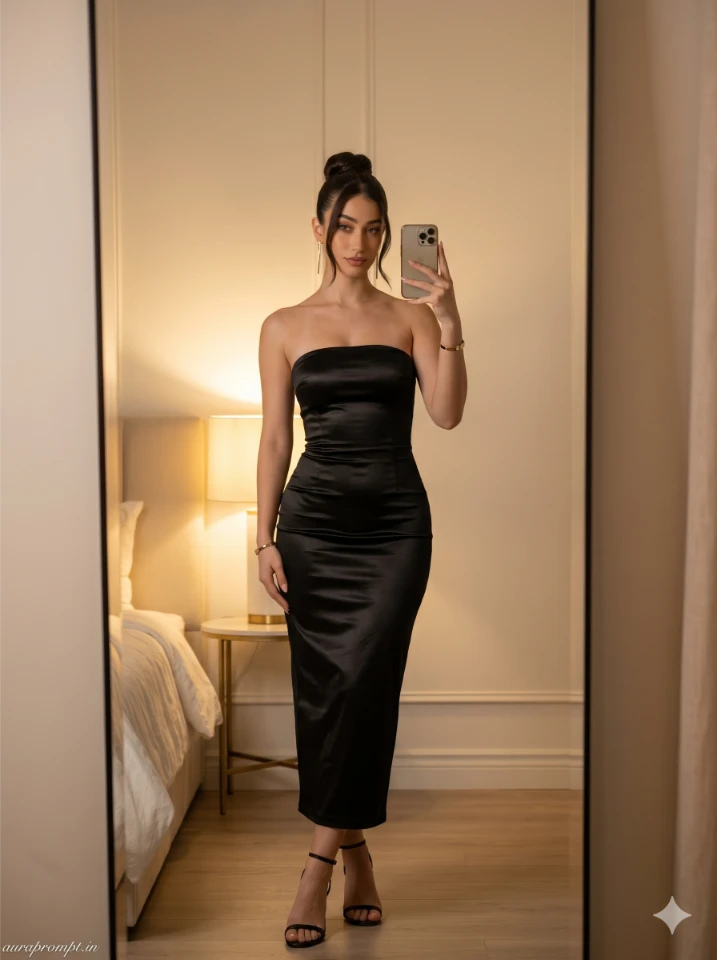 A cinematic gemini ai mirror selfie prompt showing an Indian girl in a summer outfit with soft warm lighting and realistic reflection