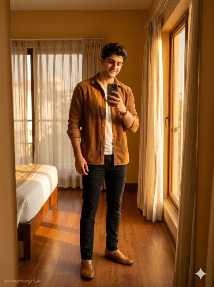 A young Indian boy taking a cinematic mirror selfie generated using a gemini ai mirror selfie prompt with studio lighting and editorial styling.