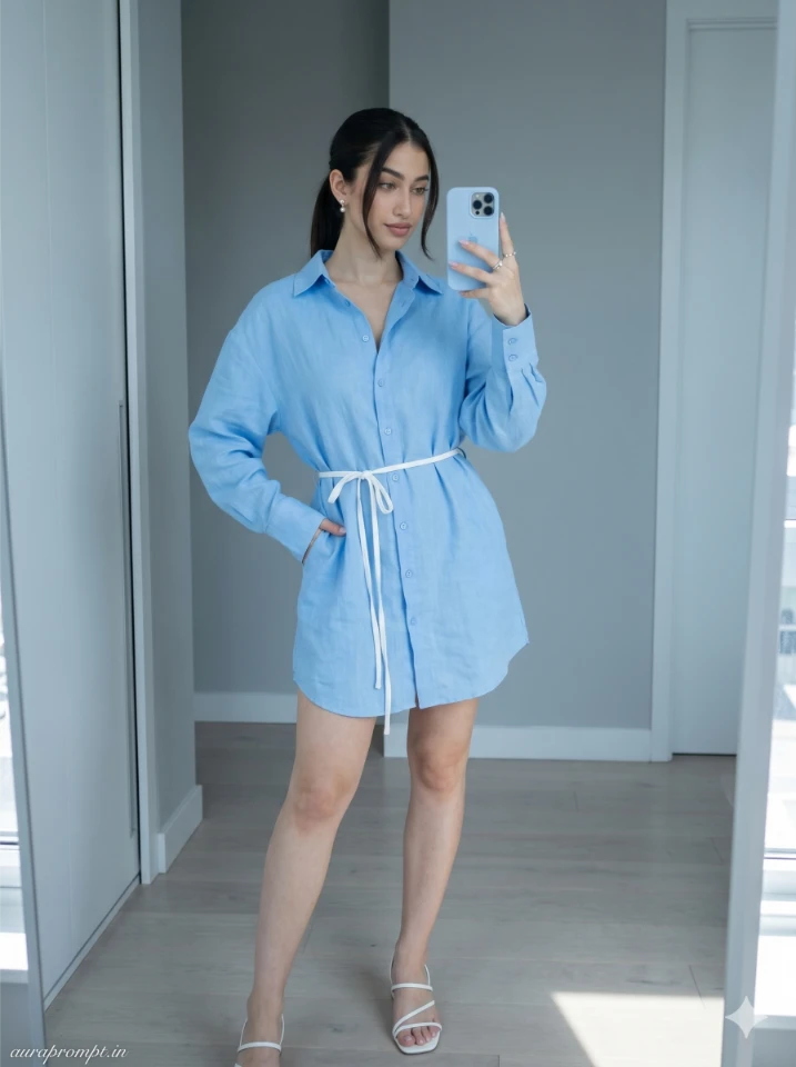 A cinematic gemini ai mirror selfie prompt showing an Indian girl in a summer outfit with soft warm lighting and realistic reflection