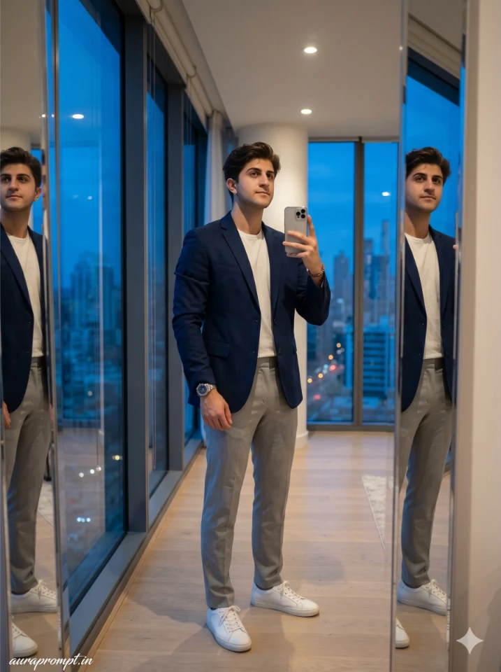 A young Indian boy taking a cinematic mirror selfie generated using a gemini ai mirror selfie prompt with studio lighting and editorial styling.