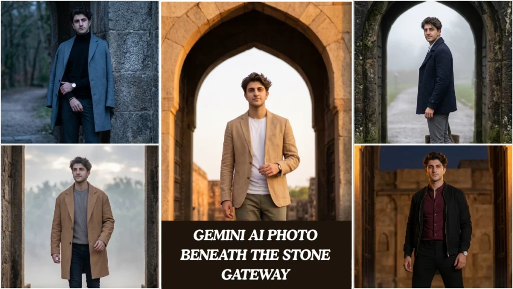A cinematic gemini ai photo beneath the stone gateway showing a man in editorial fashion standing inside an ancient stone archway with dramatic lighting.