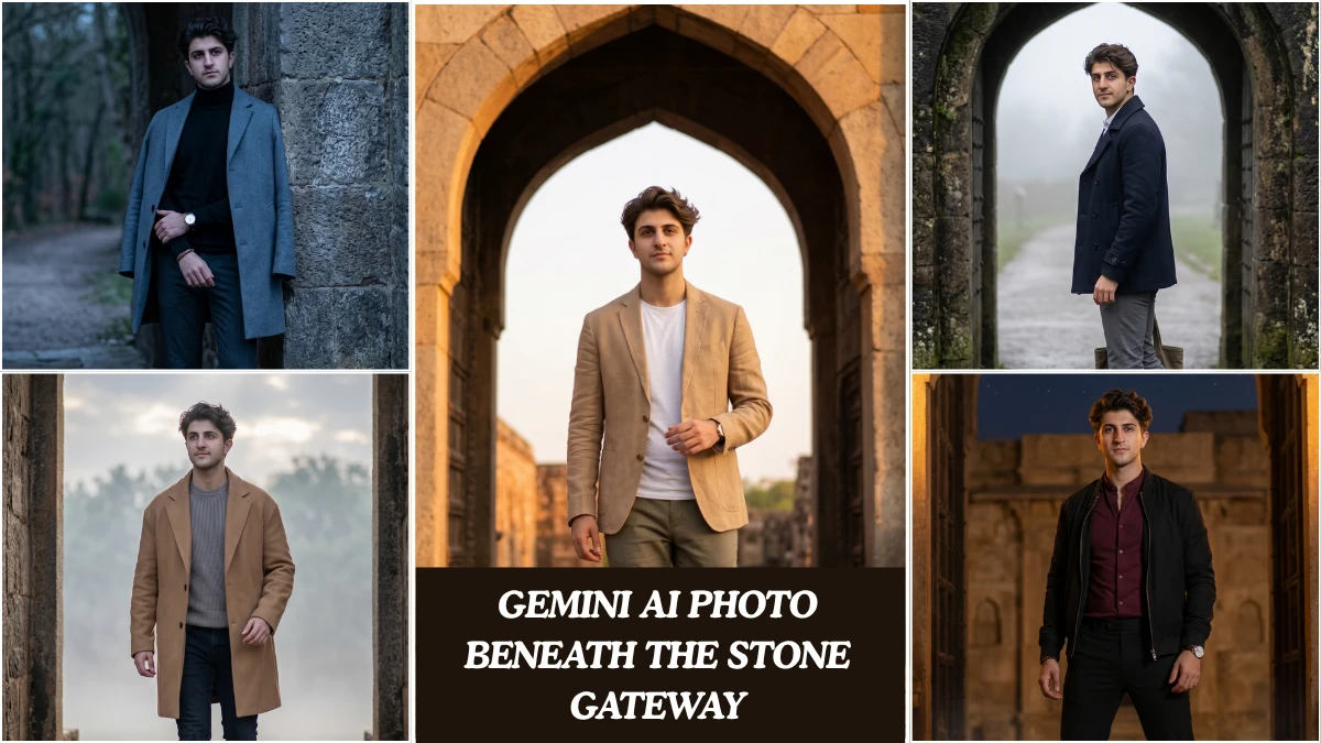 A cinematic gemini ai photo beneath the stone gateway showing a man in editorial fashion standing inside an ancient stone archway with dramatic lighting.