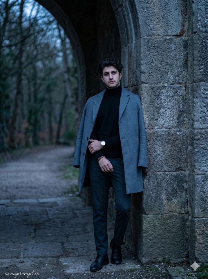 A cinematic gemini ai photo beneath the stone gateway showing a man in editorial fashion standing inside an ancient stone archway with dramatic lighting.