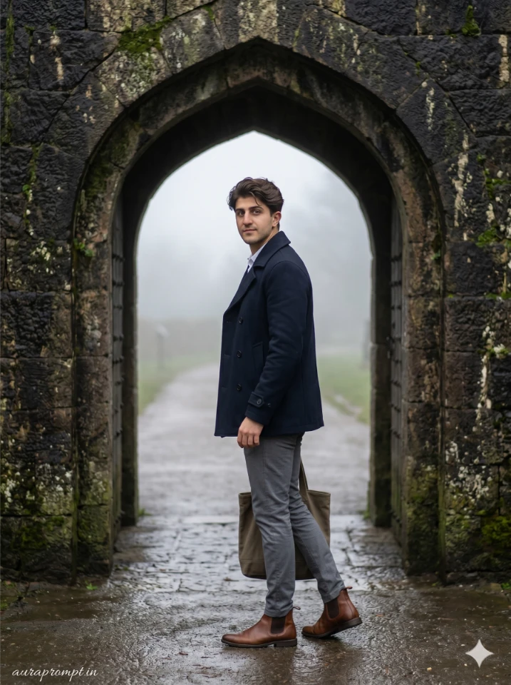 A cinematic gemini ai photo beneath the stone gateway showing a man in editorial fashion standing inside an ancient stone archway with dramatic lighting.
