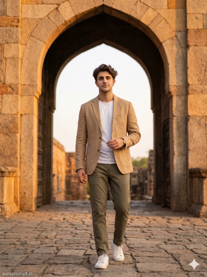 A cinematic gemini ai photo beneath the stone gateway showing a man in editorial fashion standing inside an ancient stone archway with dramatic lighting.