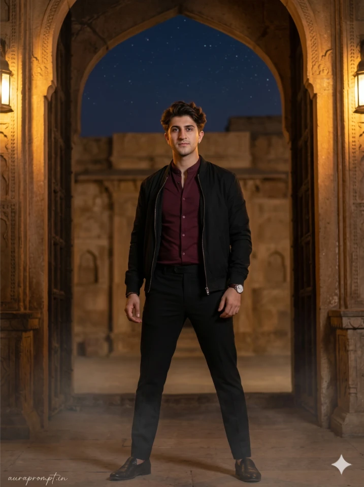 A cinematic gemini ai photo beneath the stone gateway showing a man in editorial fashion standing inside an ancient stone archway with dramatic lighting.