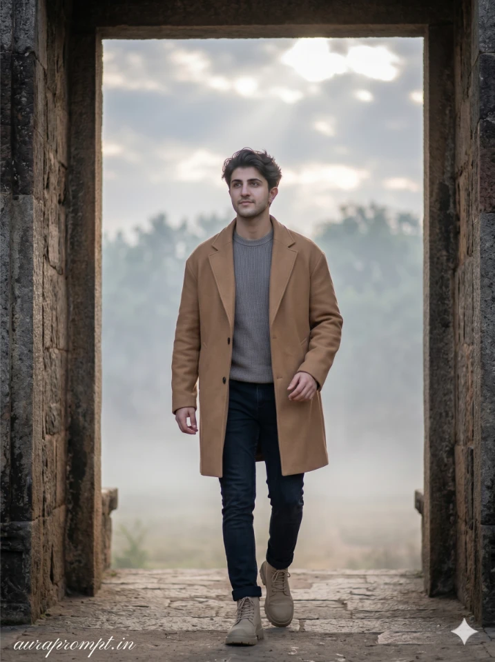 A cinematic gemini ai photo beneath the stone gateway showing a man in editorial fashion standing inside an ancient stone archway with dramatic lighting.