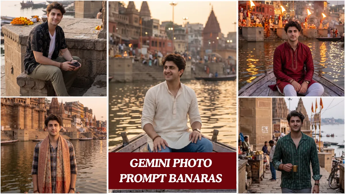 A cinematic gemini ai photo prompt banaras edit showing a young Indian boy at the Ganga ghat in golden hour light