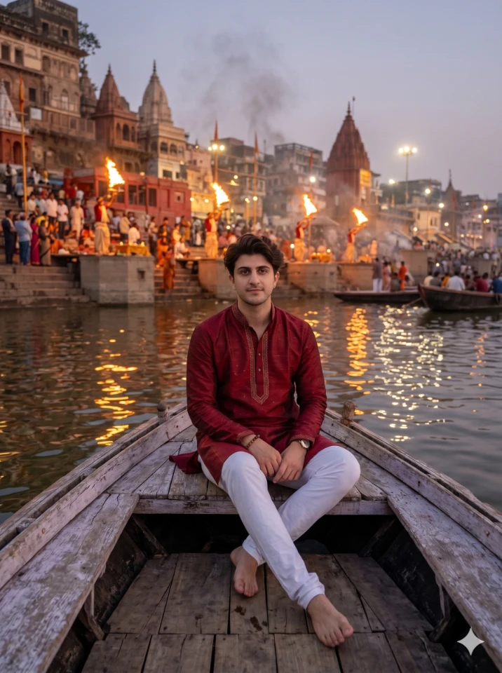 A cinematic gemini ai photo prompt banaras edit showing a young Indian boy at the Ganga ghat in golden hour light