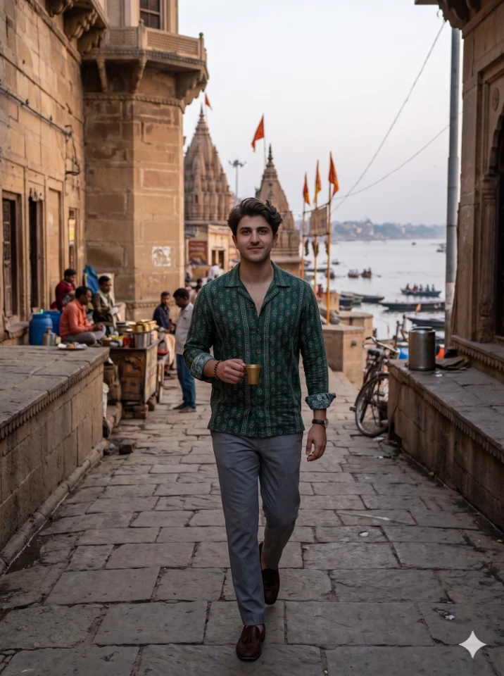 A cinematic gemini ai photo prompt banaras edit showing a young Indian boy at the Ganga ghat in golden hour light
