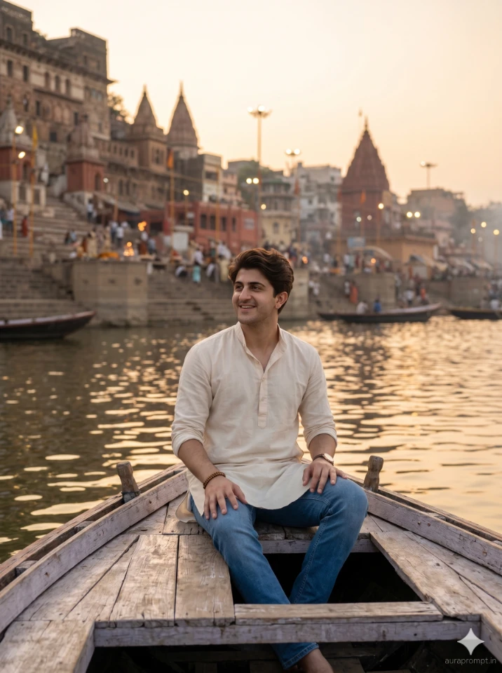 A cinematic gemini ai photo prompt banaras edit showing a young Indian boy at the Ganga ghat in golden hour light