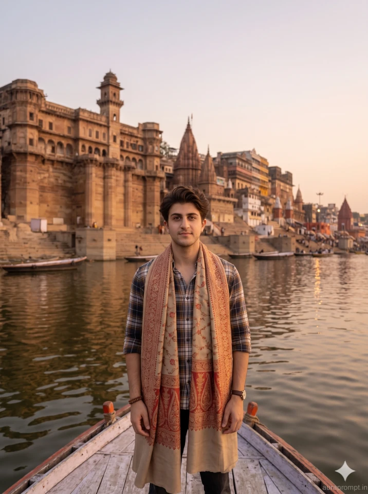 A cinematic gemini ai photo prompt banaras edit showing a young Indian boy at the Ganga ghat in golden hour light