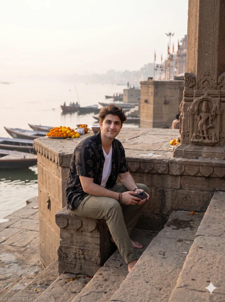 A cinematic gemini ai photo prompt banaras edit showing a young Indian boy at the Ganga ghat in golden hour light