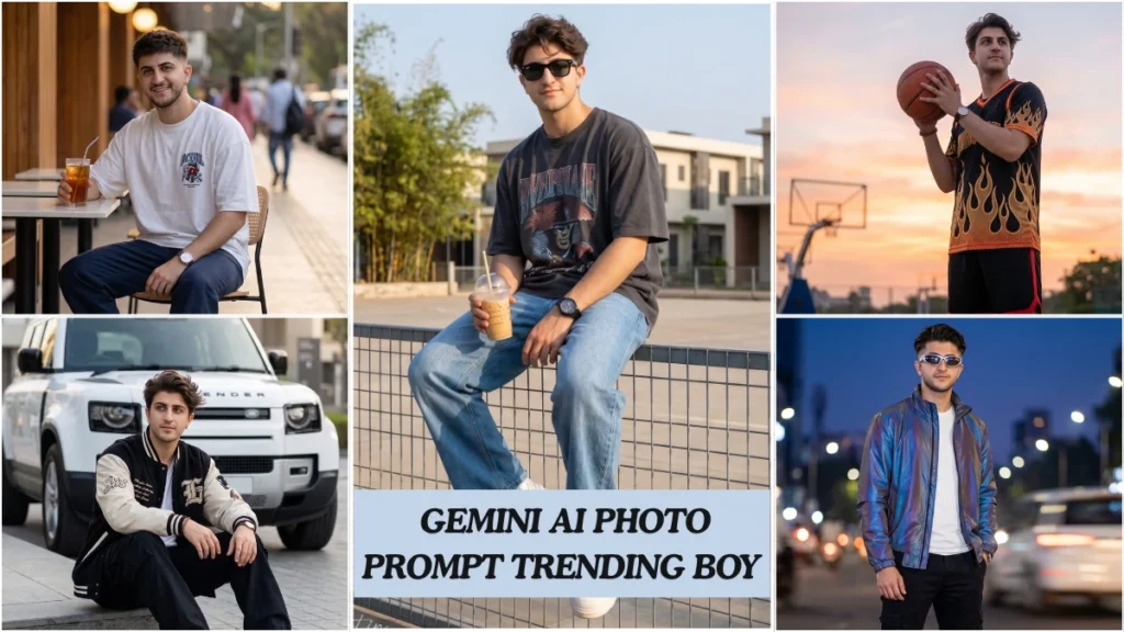 A cinematic gemini ai photo prompt result showing a stylish Indian boy in editorial streetwear with dramatic lighting and urban background