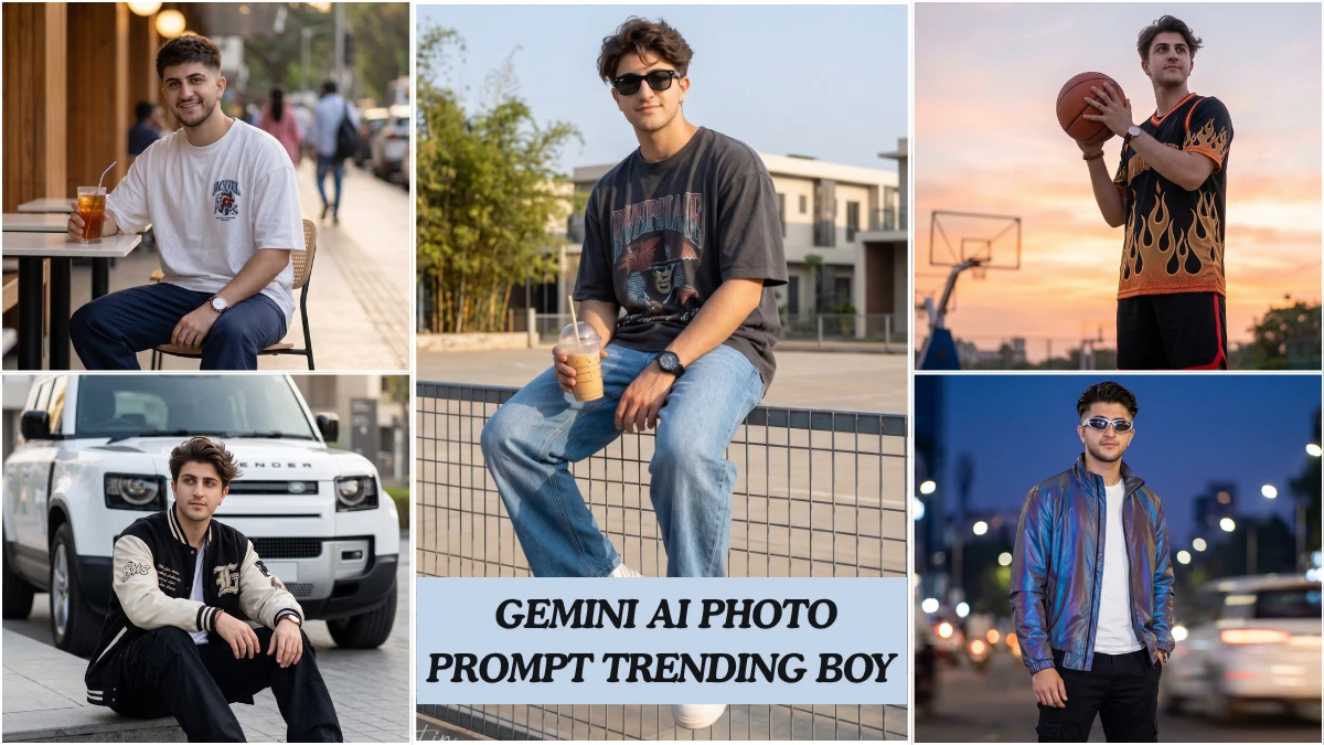 A cinematic gemini ai photo prompt result showing a stylish Indian boy in editorial streetwear with dramatic lighting and urban background