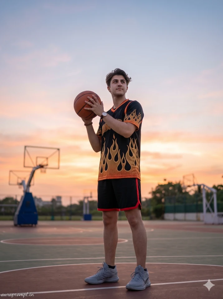 A cinematic gemini ai photo prompt result showing a stylish Indian boy in editorial streetwear with dramatic lighting and urban background