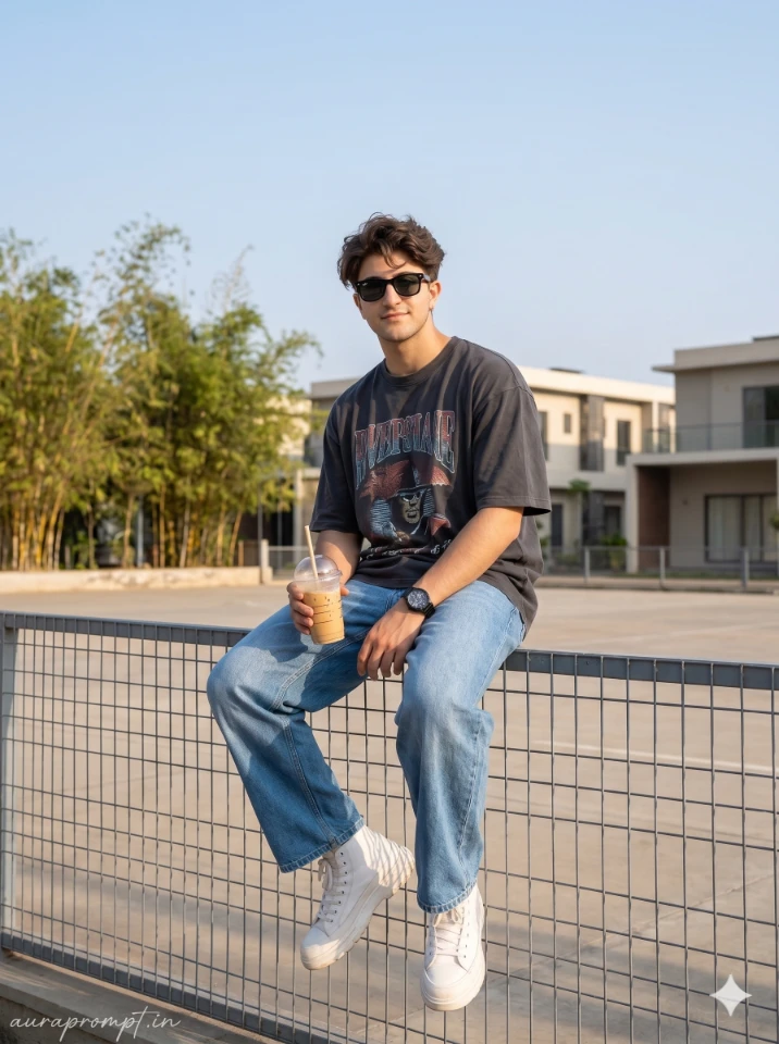 A cinematic gemini ai photo prompt result showing a stylish Indian boy in editorial streetwear with dramatic lighting and urban background