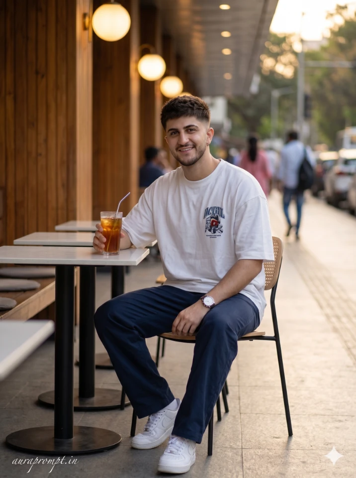 A cinematic gemini ai photo prompt result showing a stylish Indian boy in editorial streetwear with dramatic lighting and urban background