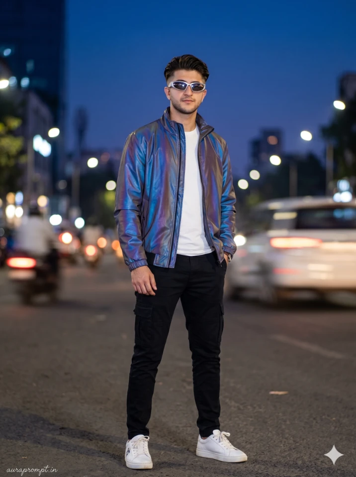 A cinematic gemini ai photo prompt result showing a stylish Indian boy in editorial streetwear with dramatic lighting and urban background