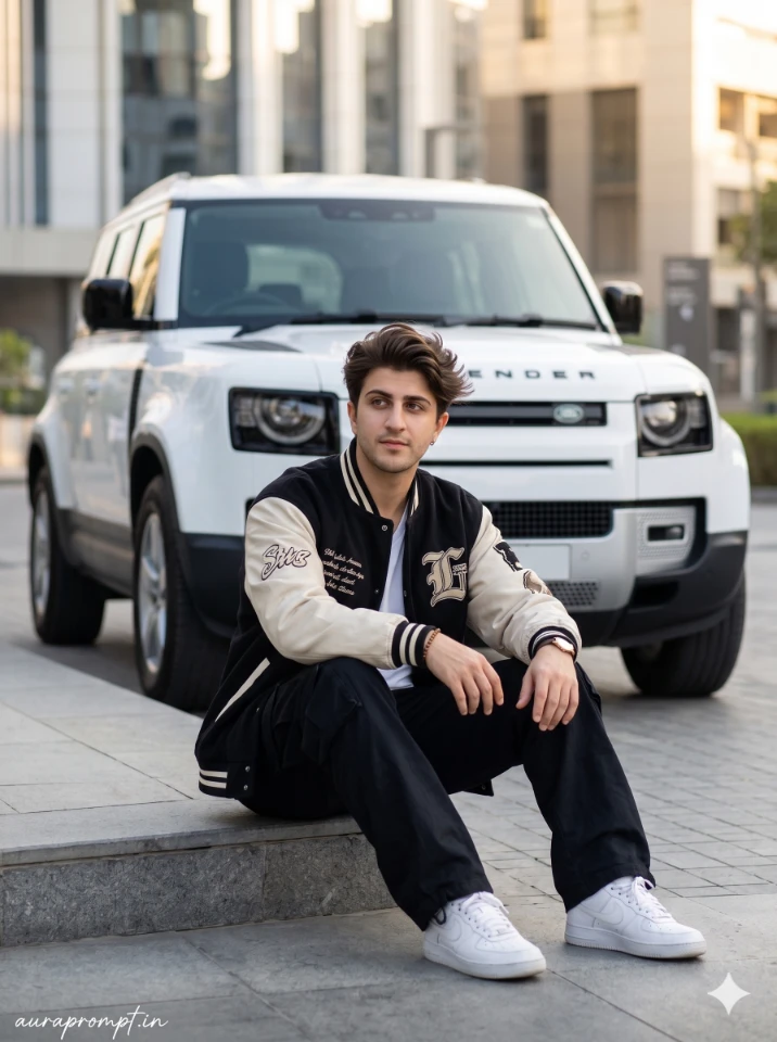 A cinematic gemini ai photo prompt result showing a stylish Indian boy in editorial streetwear with dramatic lighting and urban background