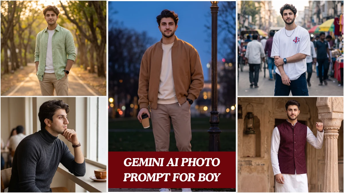 A cinematic gemini ai photo prompt for boy showing a stylish Indian guy in editorial outdoor portrait lighting