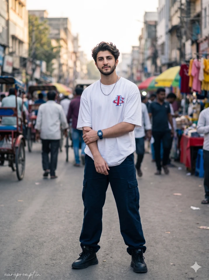 A cinematic gemini ai photo prompt for boy showing a stylish Indian guy in editorial outdoor portrait lighting
