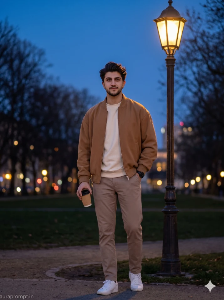 A cinematic gemini ai photo prompt for boy showing a stylish Indian guy in editorial outdoor portrait lighting