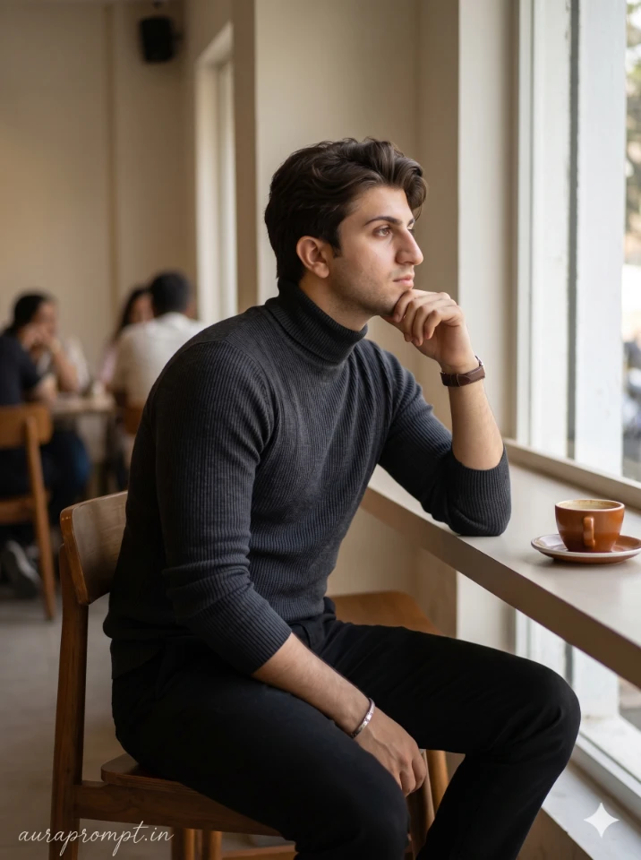 A cinematic gemini ai photo prompt for boy showing a stylish Indian guy in editorial outdoor portrait lighting