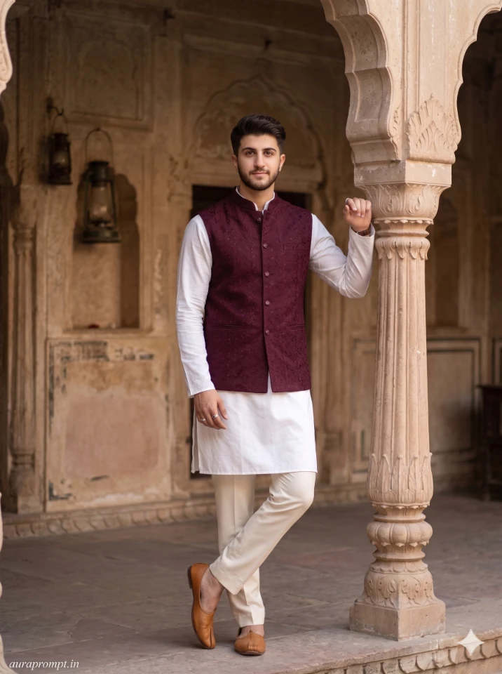A cinematic gemini ai photo prompt for boy showing a stylish Indian guy in editorial outdoor portrait lighting