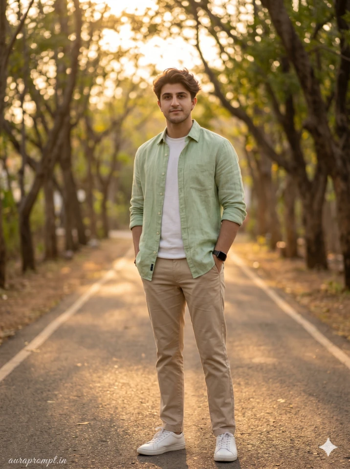 A cinematic gemini ai photo prompt for boy showing a stylish Indian guy in editorial outdoor portrait lighting