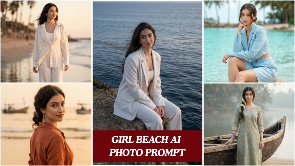 A cinematic girl beach AI photo prompt result showing an Indian girl in golden hour coastal light with editorial styling