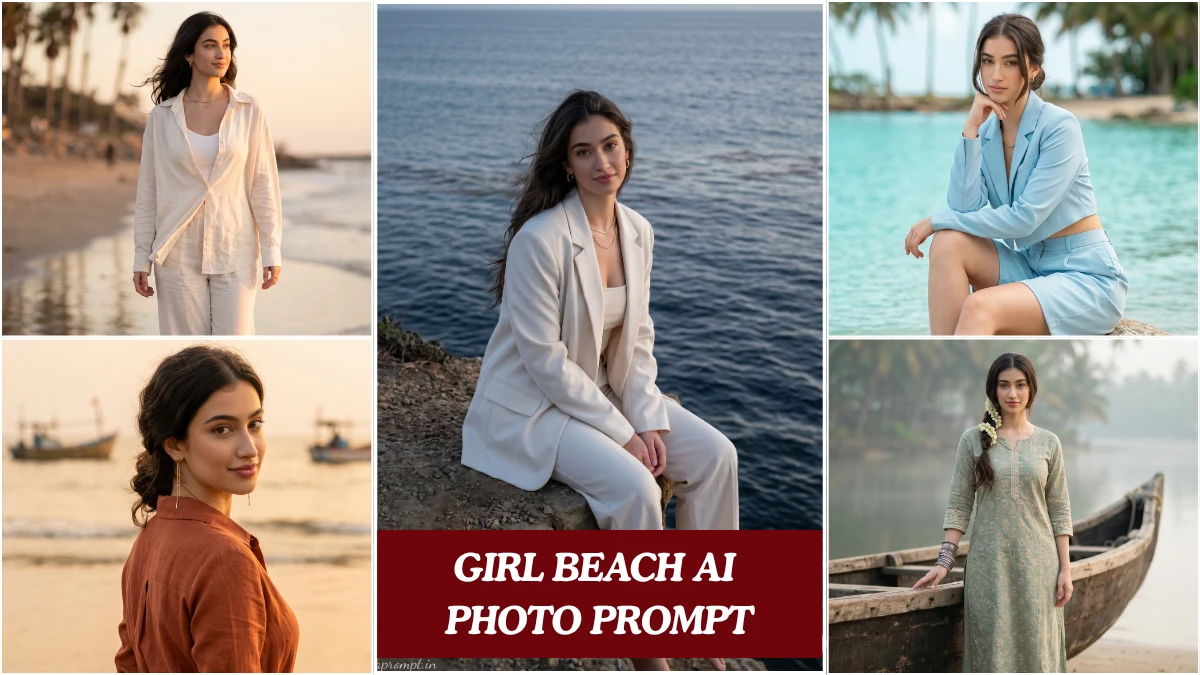 A cinematic girl beach AI photo prompt result showing an Indian girl in golden hour coastal light with editorial styling