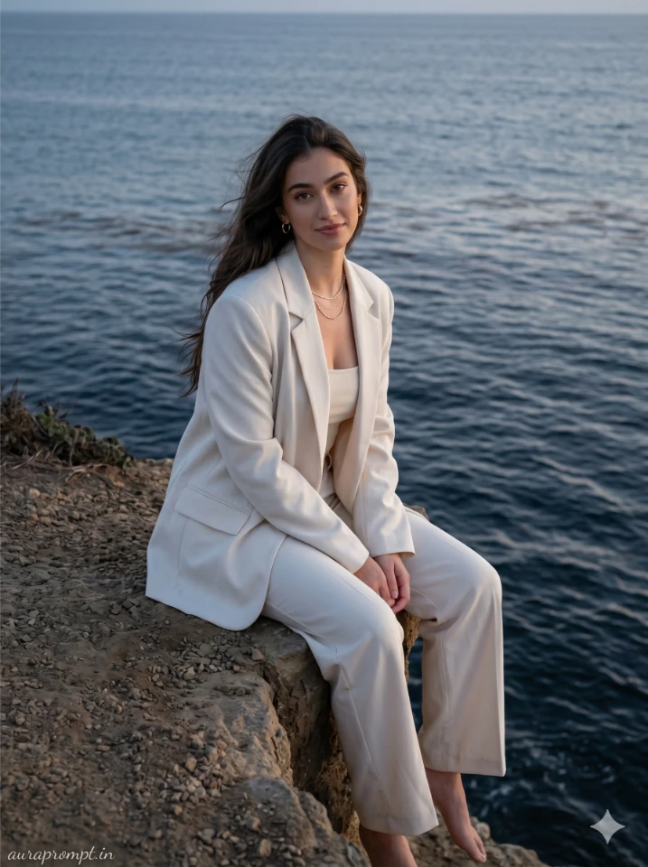 A cinematic girl beach AI photo prompt result showing an Indian girl in golden hour coastal light with editorial styling