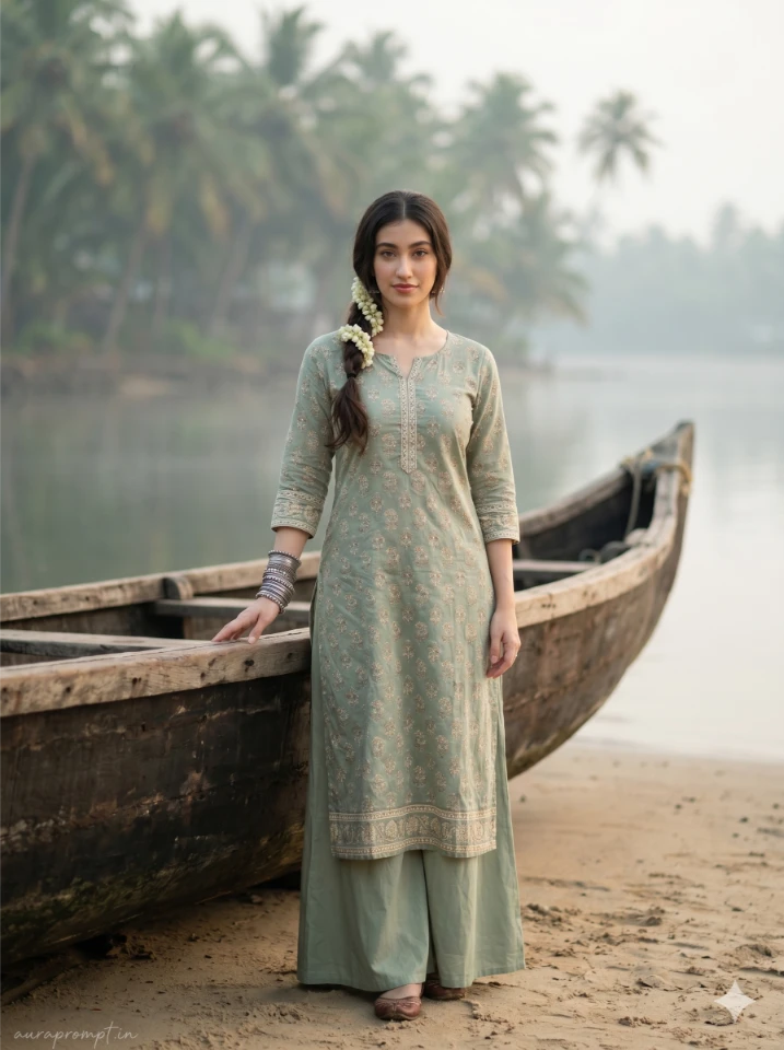 A cinematic girl beach AI photo prompt result showing an Indian girl in golden hour coastal light with editorial styling