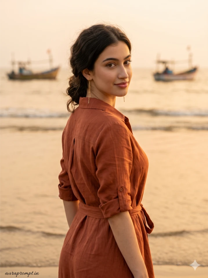 A cinematic girl beach AI photo prompt result showing an Indian girl in golden hour coastal light with editorial styling