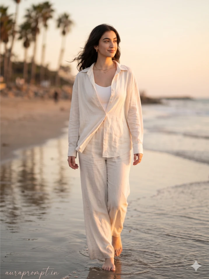 A cinematic girl beach AI photo prompt result showing an Indian girl in golden hour coastal light with editorial styling