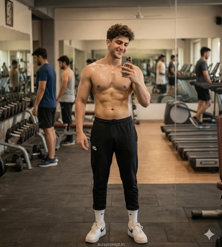 gym fitness gemini ai prompt for boy hyper realistic muscular physique cinematic DSLR editorial portrait generated with Gemini AI photo editing