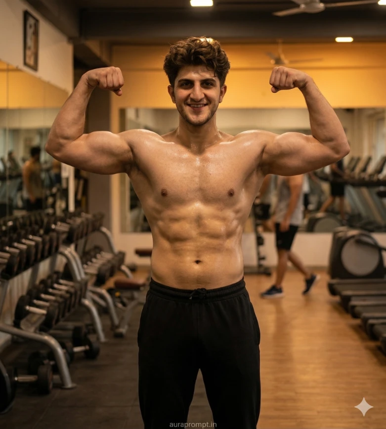 gym fitness gemini ai prompt for boy hyper realistic muscular physique cinematic DSLR editorial portrait generated with Gemini AI photo editing
